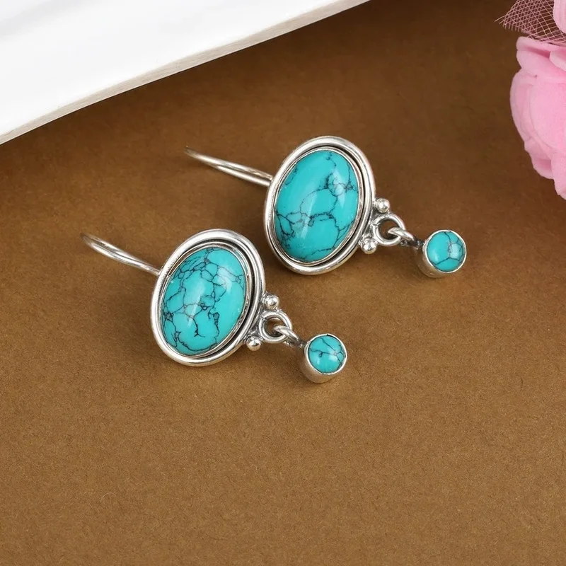 Ethnic Oval Earrings Vintage Boho Silver Color  Metallic Green Stone Drop Earrings for Women Jewelry