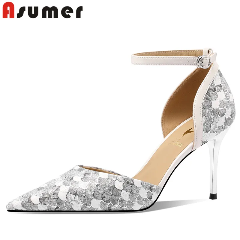 

ASUMER 2024 New Sheepskin Leather Dance Women Sandals Sexy Ladies Mixed Colors Buckle Sandals Stilettos High Heels Sandals