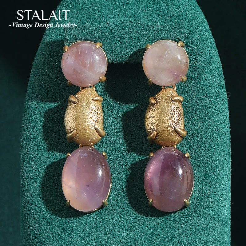 

Vintage Purple Moonstone Drop Earrings Nature Stone Boho Long Oval Woman Designer Antique Gold Color Luxury Jewelry Accessories