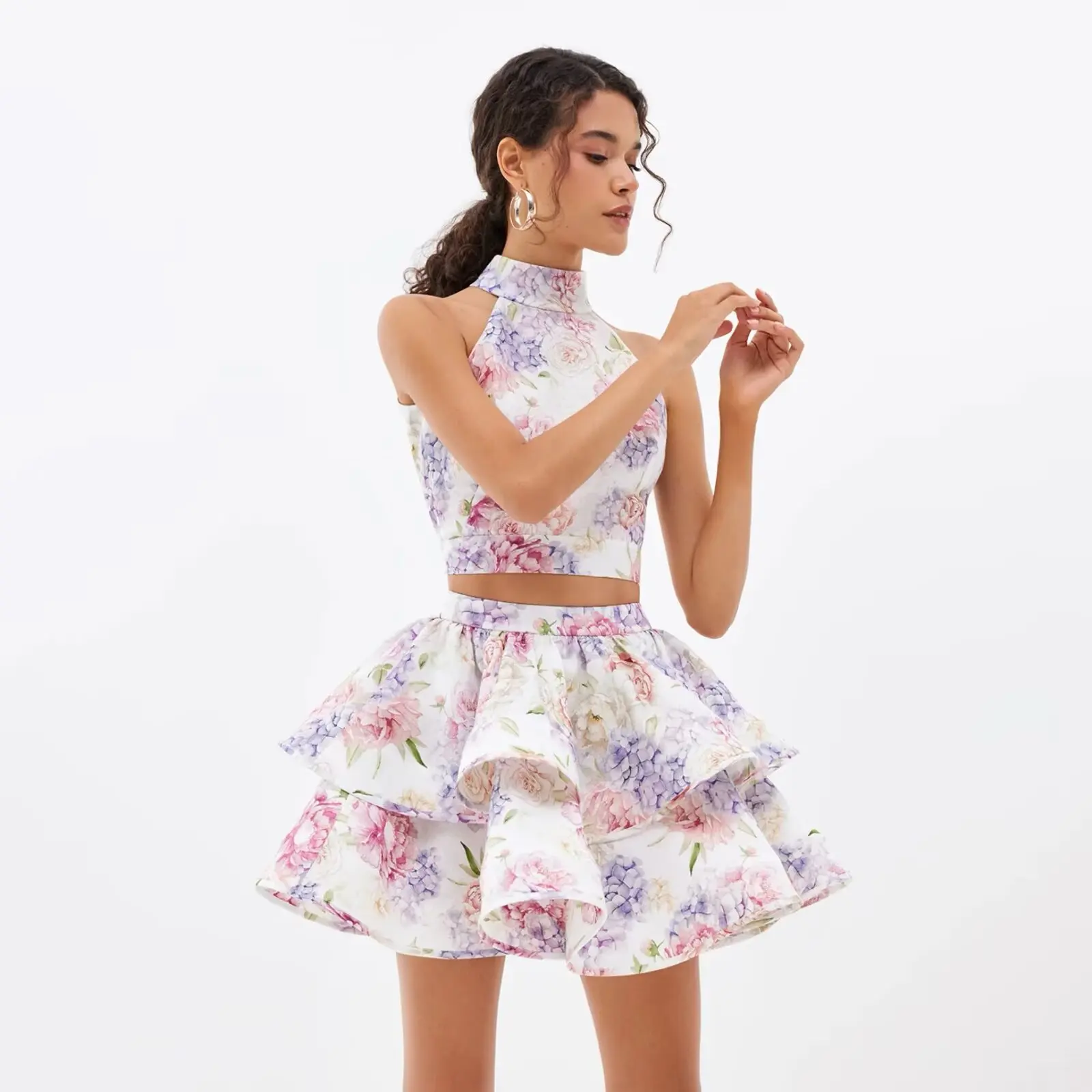 French Floral Chic Summer Dresses Set Women Pink Print Halter Backless Sleeveless Tierred Skirt Holiday Party Ladies 2 Piece Set