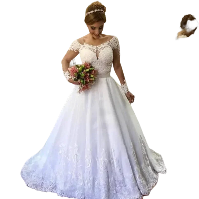 Vestidos De novia clásicos personalizados con cuello redondo y Apliques De encaje, cola De barrido, mangas largas, botones De ilusión en la espalda, Vestido De Casament