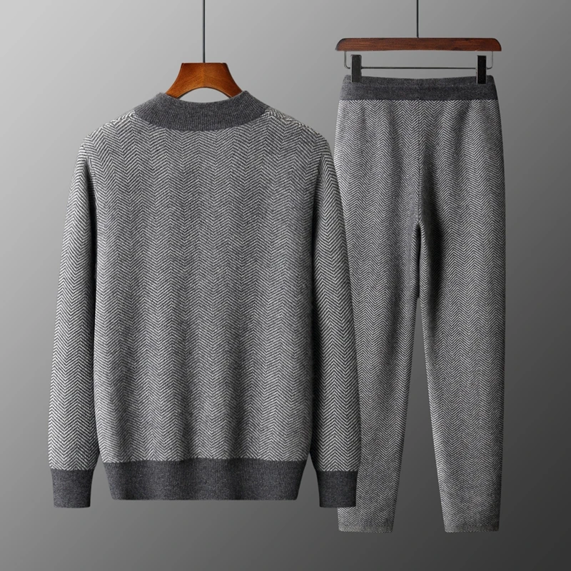 100% Merino Wool Jacquard Set Men's Half High Collar Zipper Knitted Cardigan Casual Small Leggings Autumn/Winter Thick Pants Set view 2