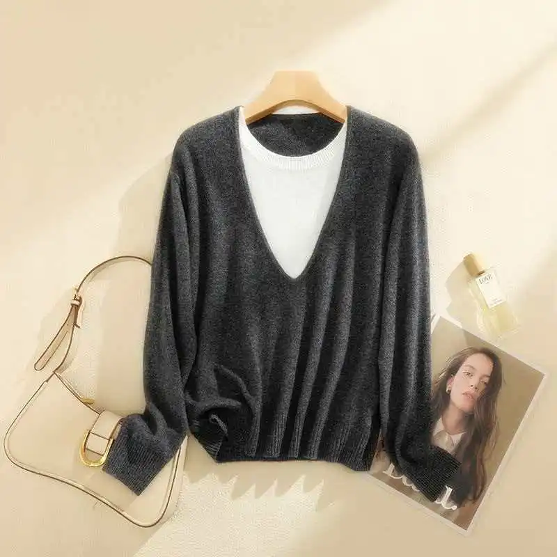 Women's 100% Pure Cashmere Sweater Round Neck Pullover Casual Large Size Fashion Korean Color Block Sweater Winter Warm Tops