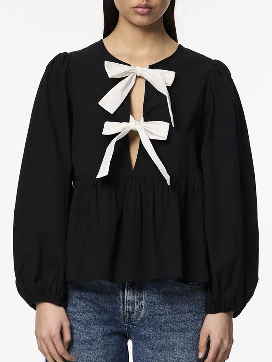 여성용 캐주얼 셔츠, 긴팔 O넥, 활 넥타이, 앞면 베이비 인형 상의, 용수철 가을