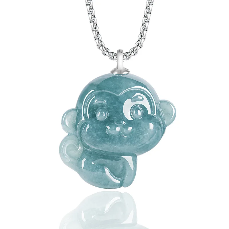 

Blue Myanmar Jadeite Monkey Pendant Necklace Charm Vintage 925 Silver Burmese Jade Carved Amulet Talismans Designer