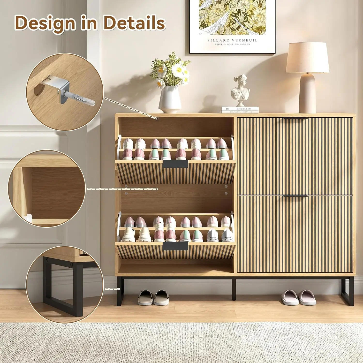 خزانة تخزين الأحذية للمدخل مع 4 أدراج قابلة للطي، خزانة رف الأحذية الضيقة، تخزين الأحذية النحيفة المخفية أورجاني الأحذية القائمة بذاتها