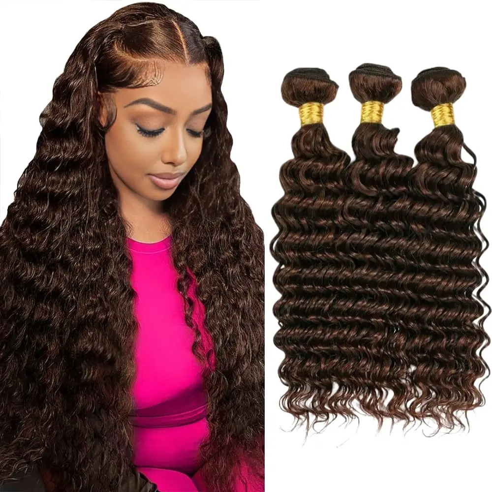 

4 # Шоколадно-коричневые пучки бразильских волос с глубокими волнами, 100% человеческие волосы, необработанные пучки человеческих волос, наращивание волос, плетение волос