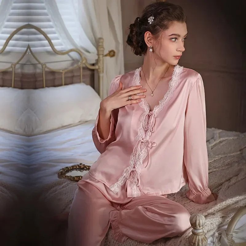 Ropa de dormir fina de satén para mujer, ropa de dormir con borde de encaje, cárdigan de manga larga con cuello en V, conjunto de pijama estilo corte francés para verano