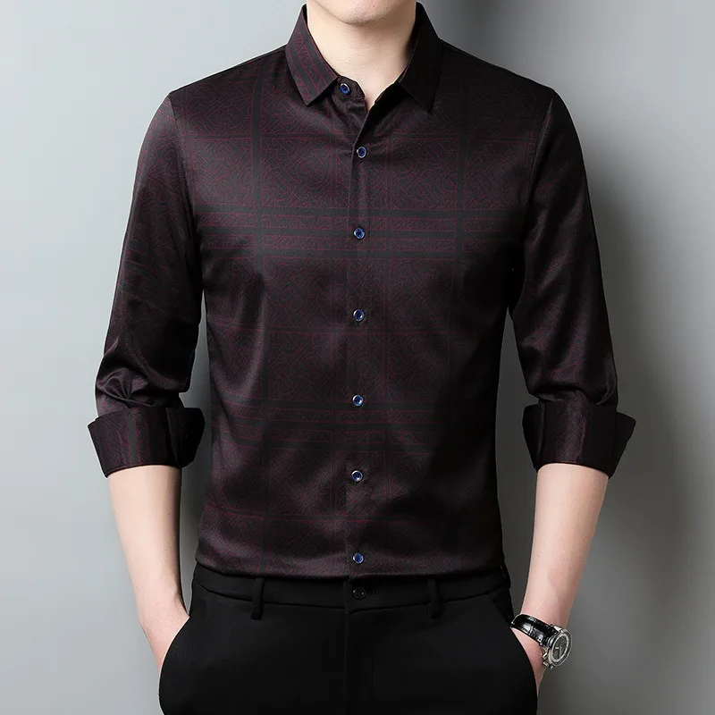 Spring and Autumn Men's Loose Long Sleeve Shirt Business Casual Button Cardigan Geometric Print Top