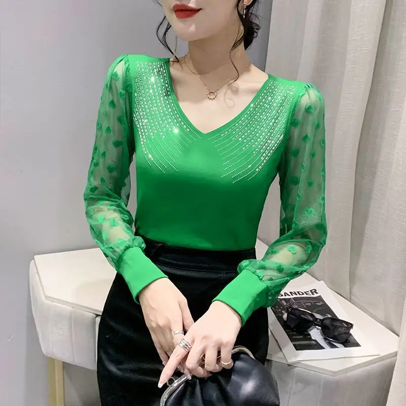 

Spring Autumn New Fashion V-neck Long Sleeve Women's Clothing T-Shirts Hollow Out Diamonds Slim Bottoming Shirt Temperament Tops