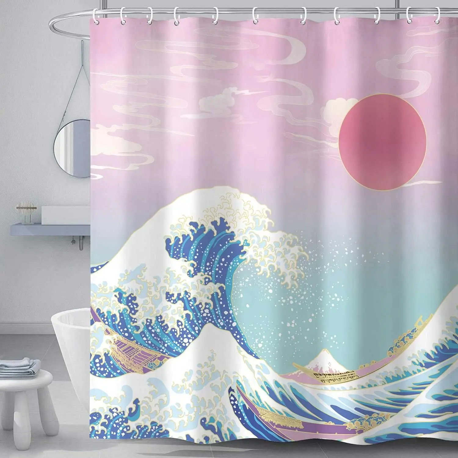 

Japanese Asian Art Shower Curtain, Girl Pink Sunset Golden Kanagawa Bath Curtains, Wave Sea Anime Painting Fabric Polyester