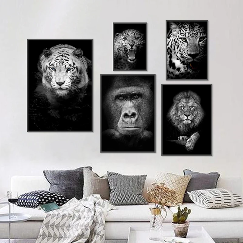 Animal Canvas Painting Black and White Poster Wall Art Prints Elephant Cheetah Lion Pictures Living Room Home Decoration