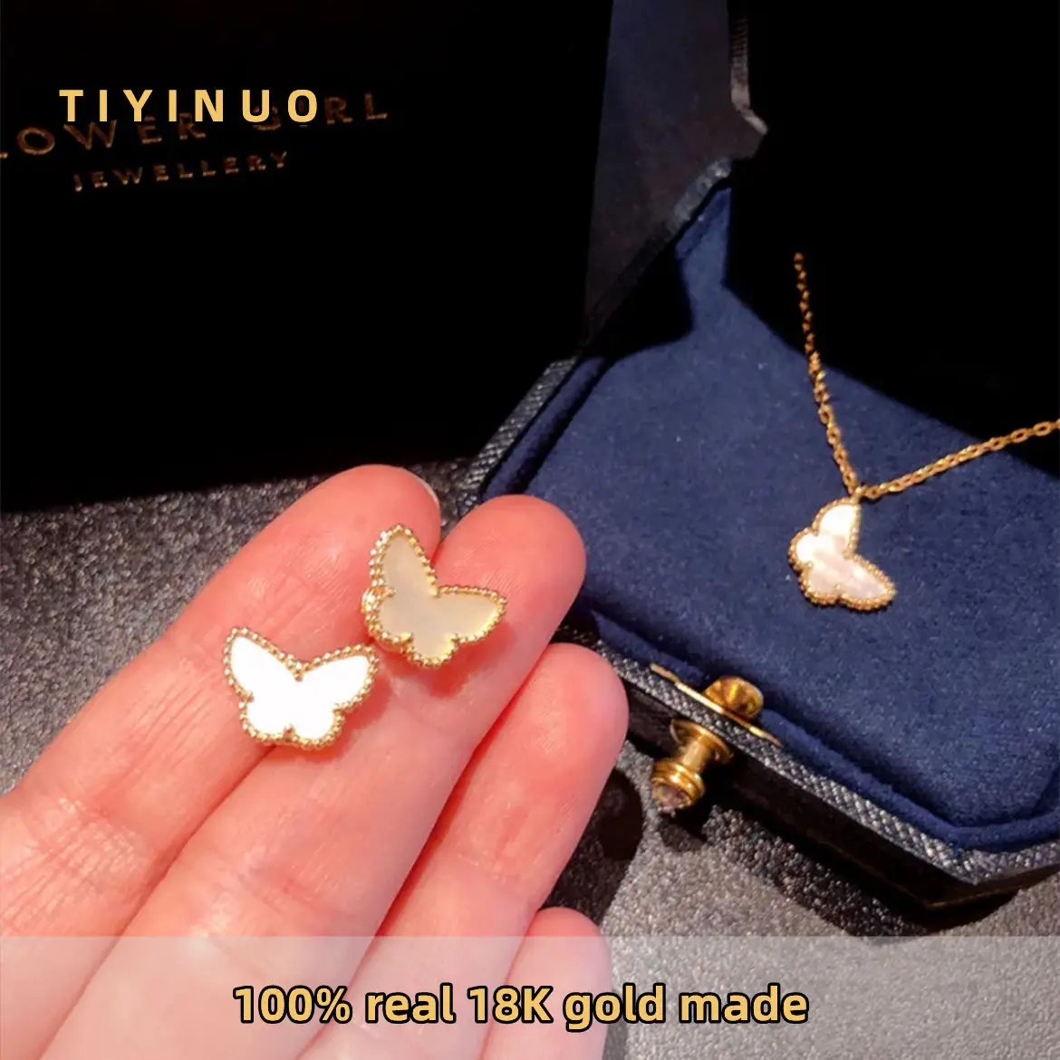 TIYINUO 100% Reale Dell'oro 18K delle Donne Del Pendente Agata Farfalla Collana Accessori Del Partito di Modo Sveglio Originale Gioielli di Lusso Au750