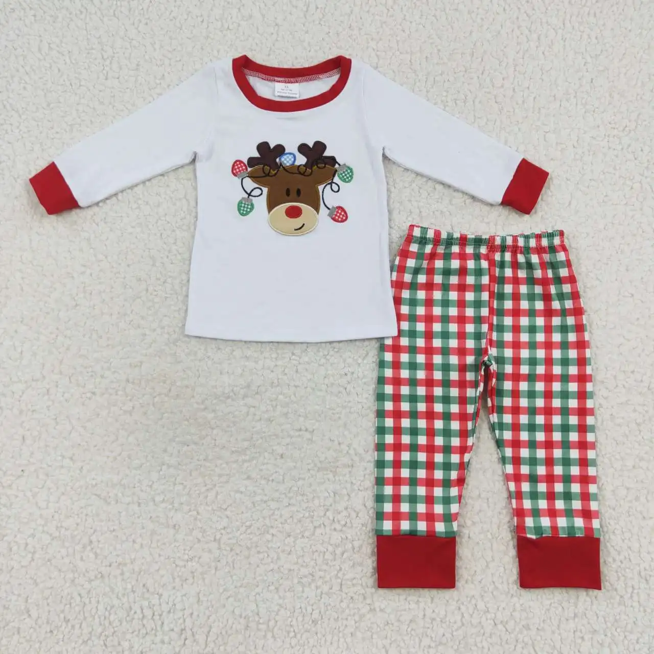 BLP0218 Baby Boy Christmas Embroidery Red Green Grid White Long Sleeve Bell Bottoms Pants Kids Clothing Outfit Boutique