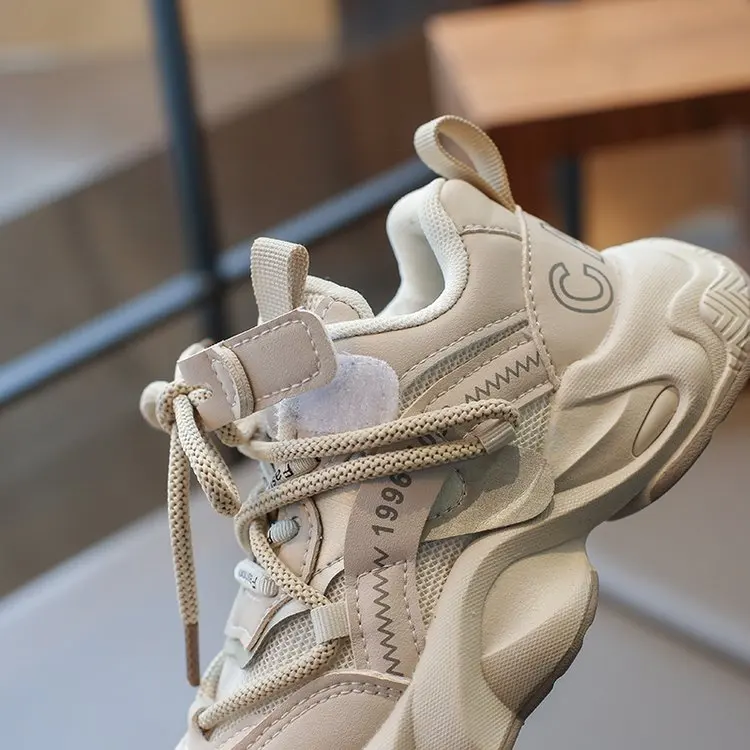 Kinder Chunky Sneakers Mesh PU-Leder Atmungsaktive Retro Sportschuhe Rutschfeste Leichte Jungen Mädchen Alltags-Sport-Wanderschuhe – Detail 8