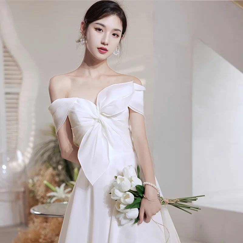 French Light Wedding Dress 2024 New Satin Mori Travel Photography Bridal Marriage Engagement Small off-Shoulder