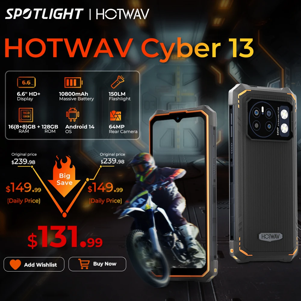 [รอบปฐมทัศน์โลก] HOTWAV Cyber 13 โทรศัพท์ที่ทนทาน 150LM ไฟฉาย 8GB 128GB สมาร์ทโฟน 6.6 ''HD + 10800mAh 64MP Android 14 โทรศัพท์มือถือ