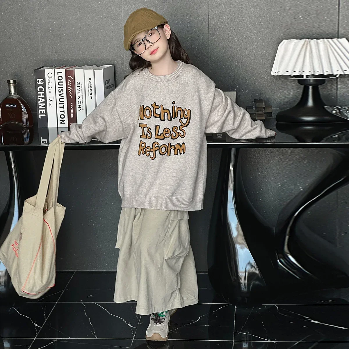 Girls' Autumn Collection 2024 Korean Edition Medium Loose Letter Knitted Top Fleece Work Dress Skirt Half Body Skirt