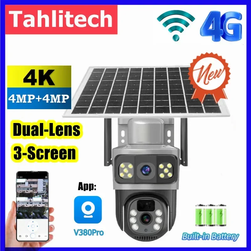 

New 4K Solar Camera for Outdoor with 2-Lens and 3-Screen, Wireless 4G Sim Card for Home Security Surveillance Camera Solar