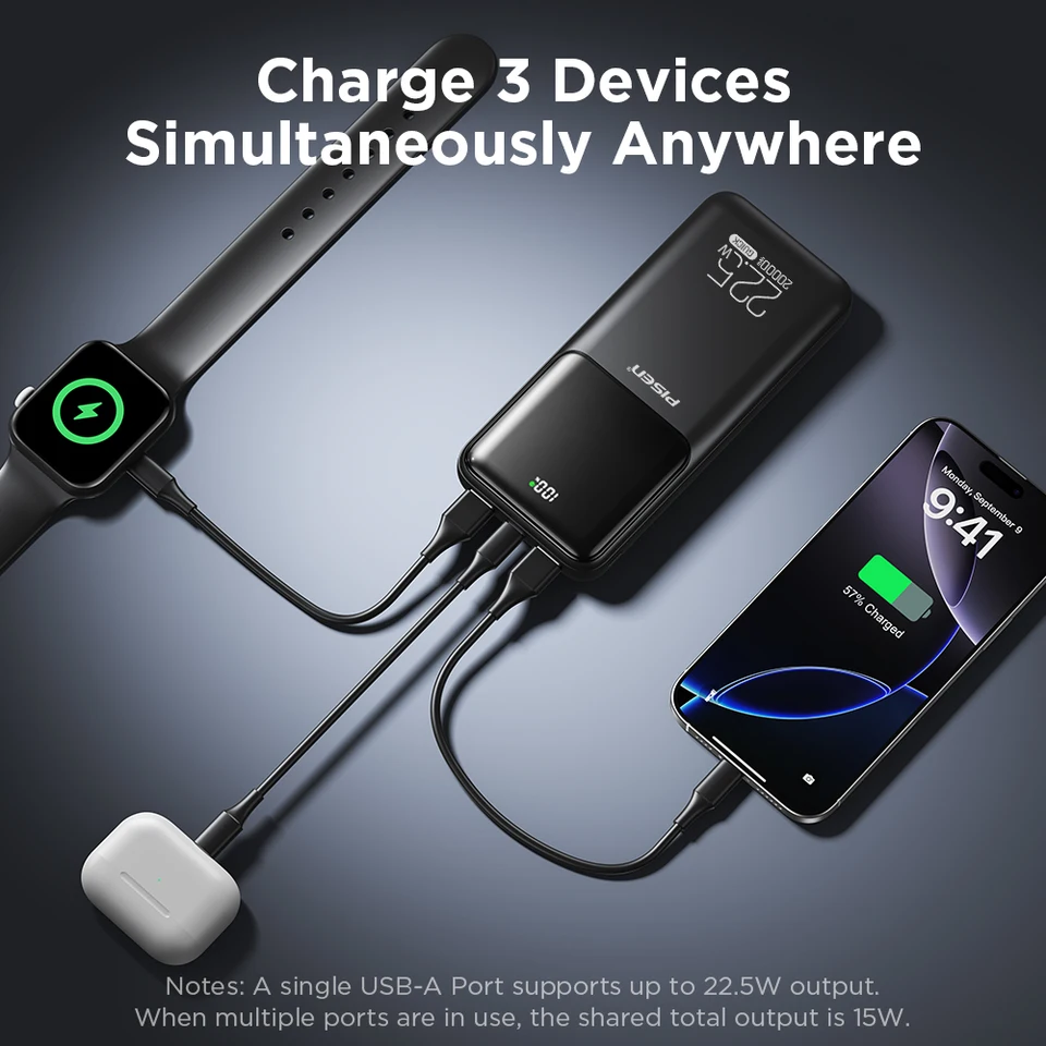 Power bank PISEN 20000mAh PD 20W carga rápida SCP 22.5W portátil CCC batería externa para Huawei iPhone Xiaomi 4
