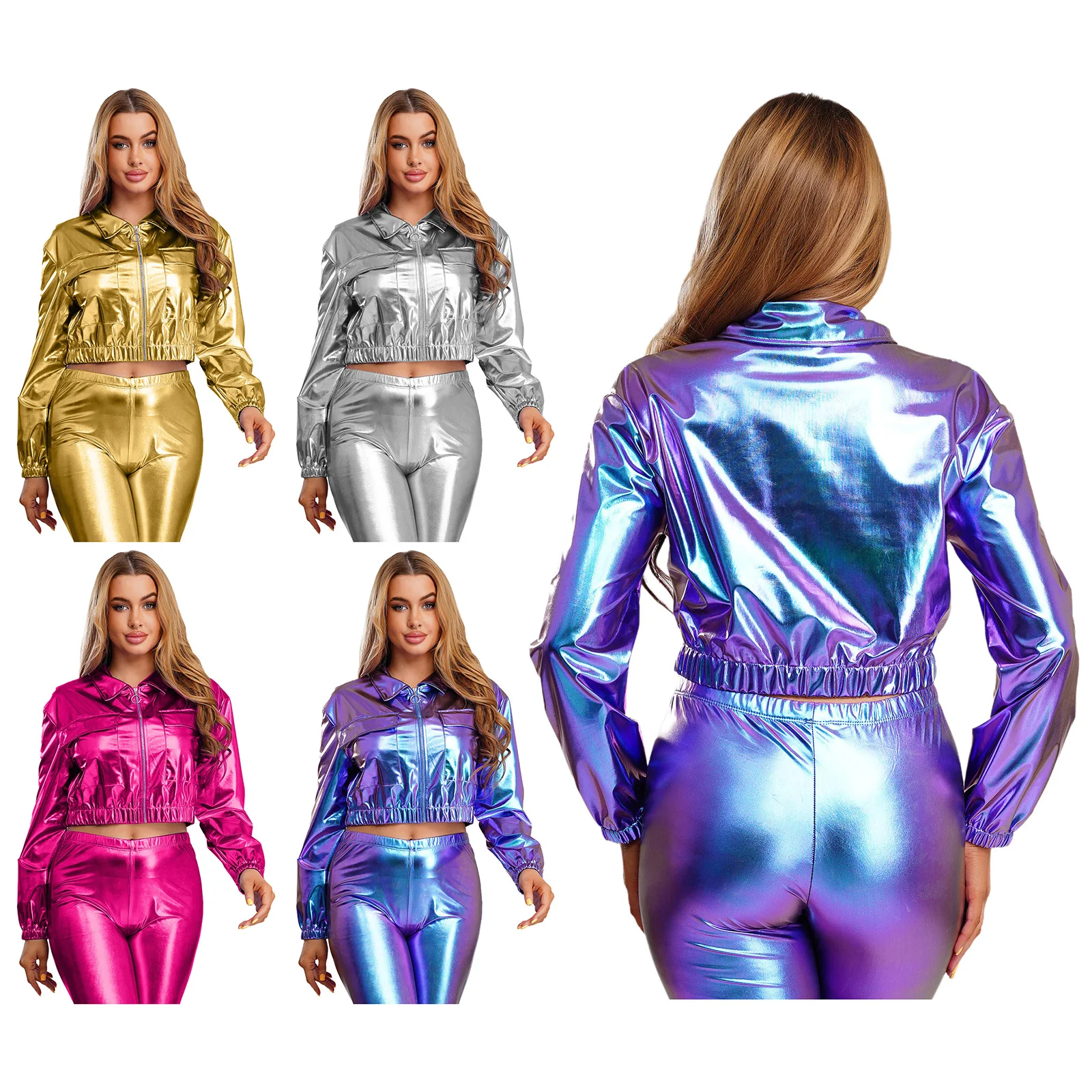 

Womens Sexy Metallic Dance Costumes Cropped Jacket Shiny Long Sleeve Crop Outerwear Biker Motor Coat Rave Dance Party Clubwear
