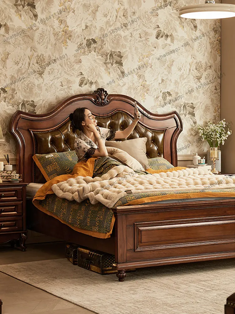 American neoclassical golden silk teak all solid wood double cowhide soft bed