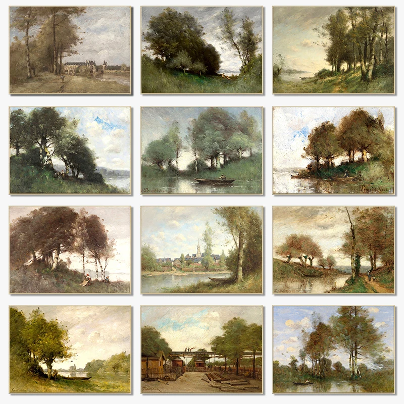 Rustic Vintage Landscape Riverside Lake Tree Posters Prints Canvas Paintings Wall Art Picture for Living Room Farmhouse Decor