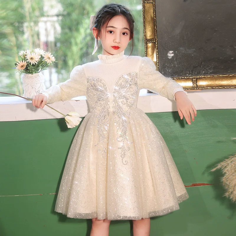 New Girls' Winter Dress Western Style Velvet Girls Sequin Dress Long Sleeve Girls Dresses for Party and Wedding 2-13 Years