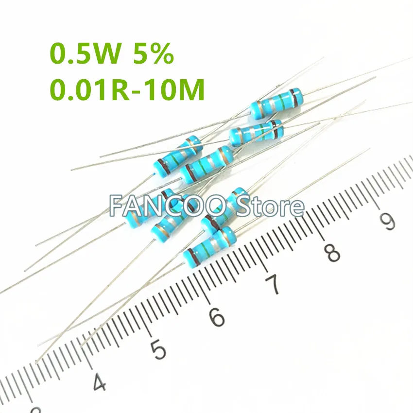 500ชิ้น/ถุง1/2W 0.5W 5% ตัวต้านทานฟิล์มโลหะ0.1R 0.12R 0.15R 0.18R 0.27R 1R 1.2R 1.3R 1.5R 1.6R 1.8R 2R 2.2R 2.4R 2.7R 3R 3.3R