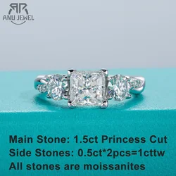 AnuJewel  1.5ct Princess Cut D Color Moissanite Three Stone Engagement  Ring 925 Silver Rings For Women Jewelry Wholesale