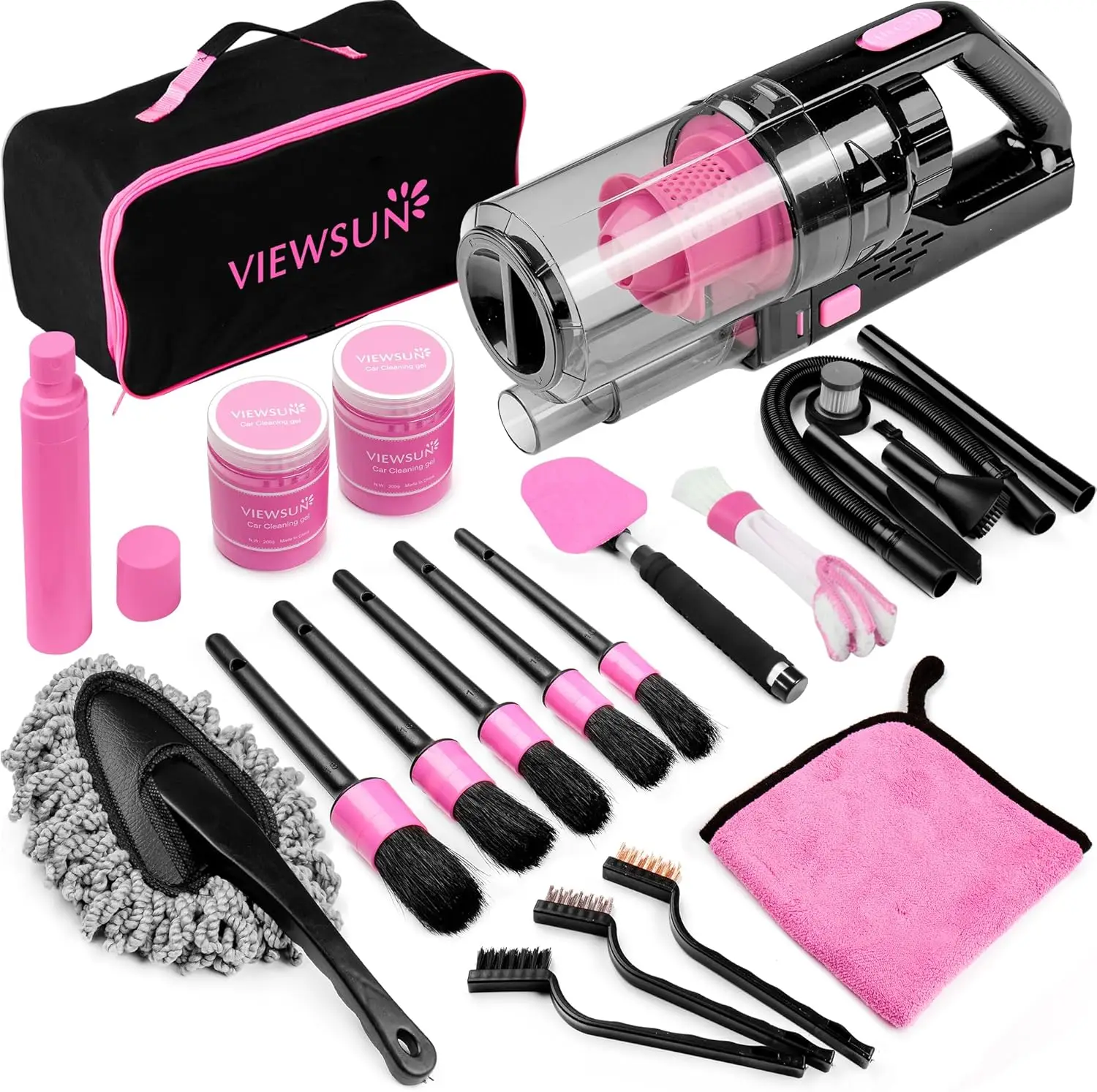 

17-Piece Pink Car Cleaning Kit with Vacuum, Brushes & Gel - Complete Auto Detailing Set for Women