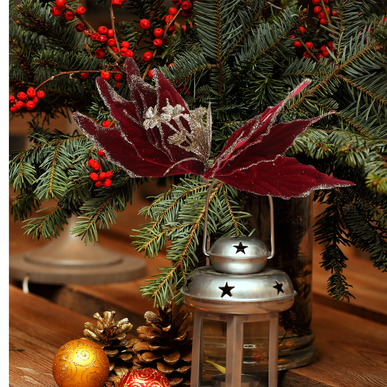 

Artificial Glitter Poinsettia Flowers Metallic Mesh Stems Holiday Tree Wreath Garland Floral Winter Wedding Decor