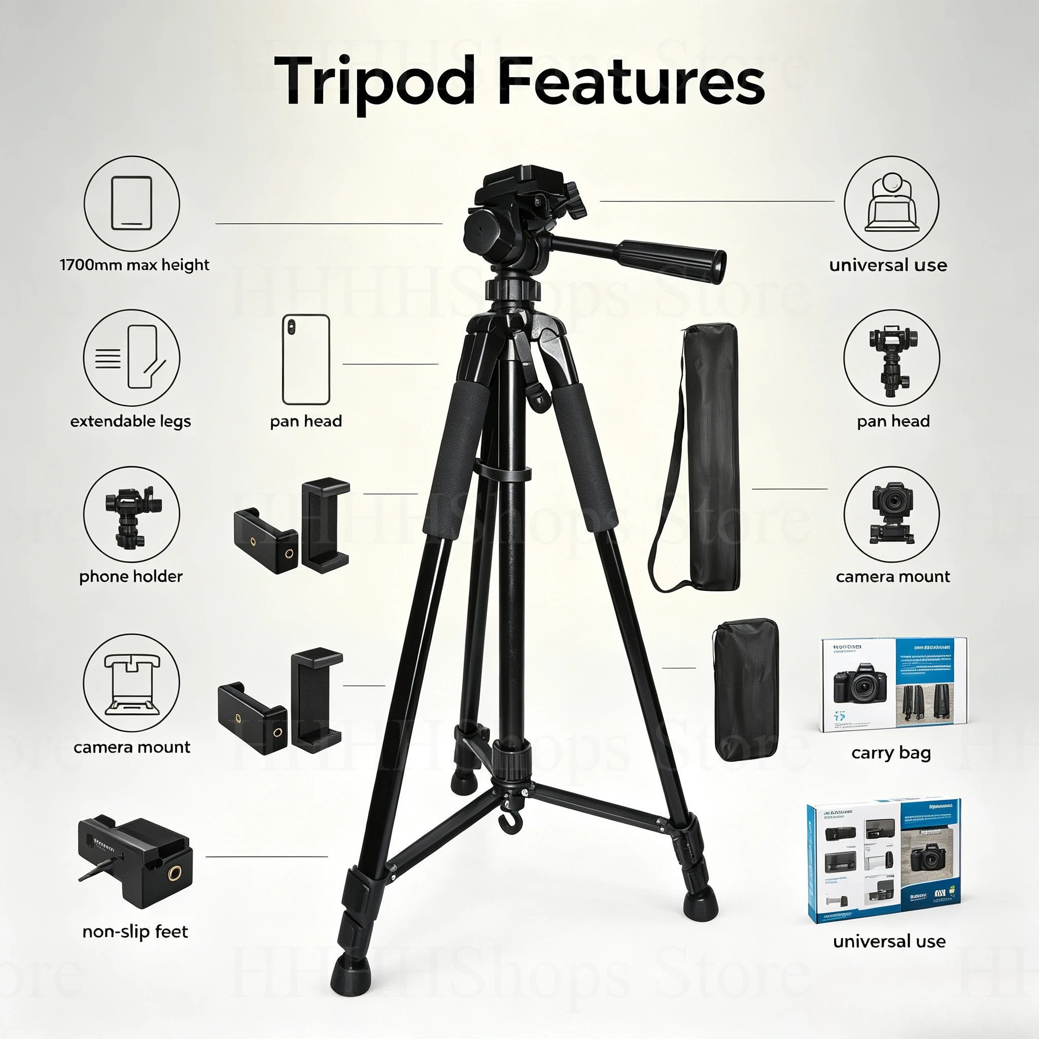 Treppiede universale per fotocamera, estensibile fino a 170 cm, con supporto per telefono e borsa per il trasporto, adatto sia per fotocamere che per smartphone.