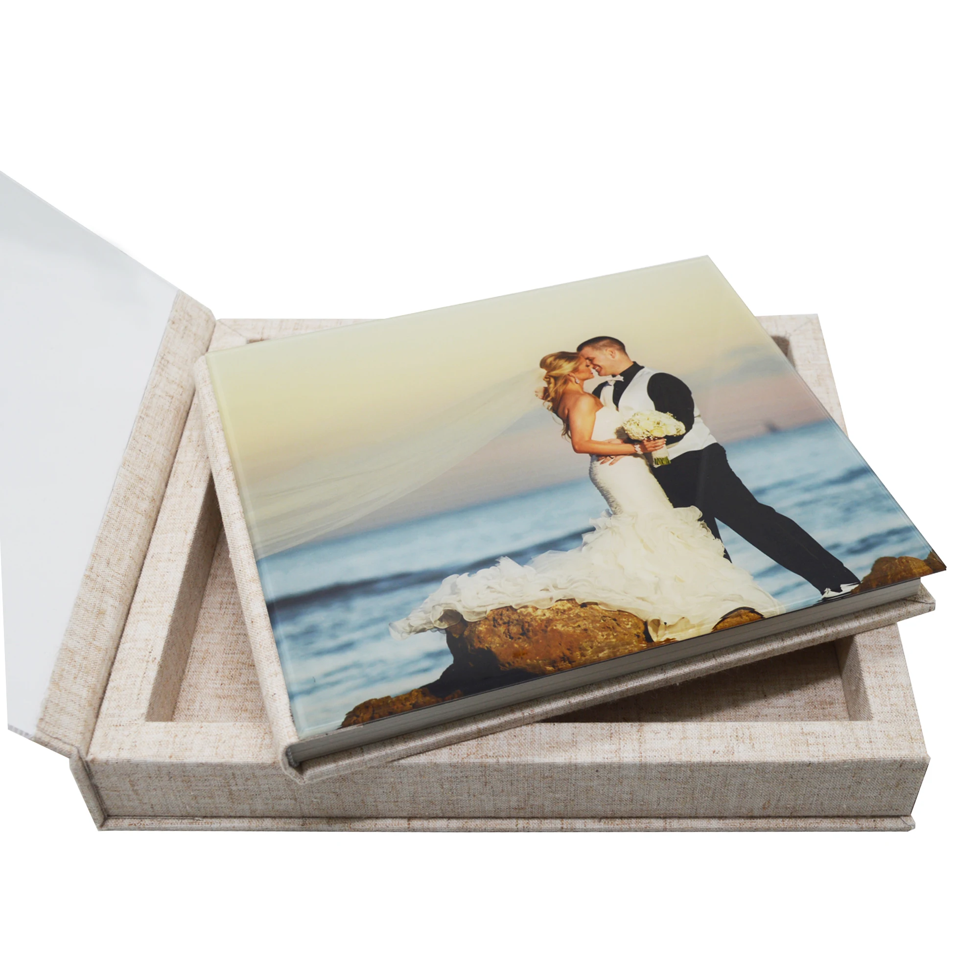 

Изготовленное на заказ хранилище свадебных фотографий с акриловой крышкой, льняная/кожаная коробка для фотографий ручной работы, коробки для овсяного плавания