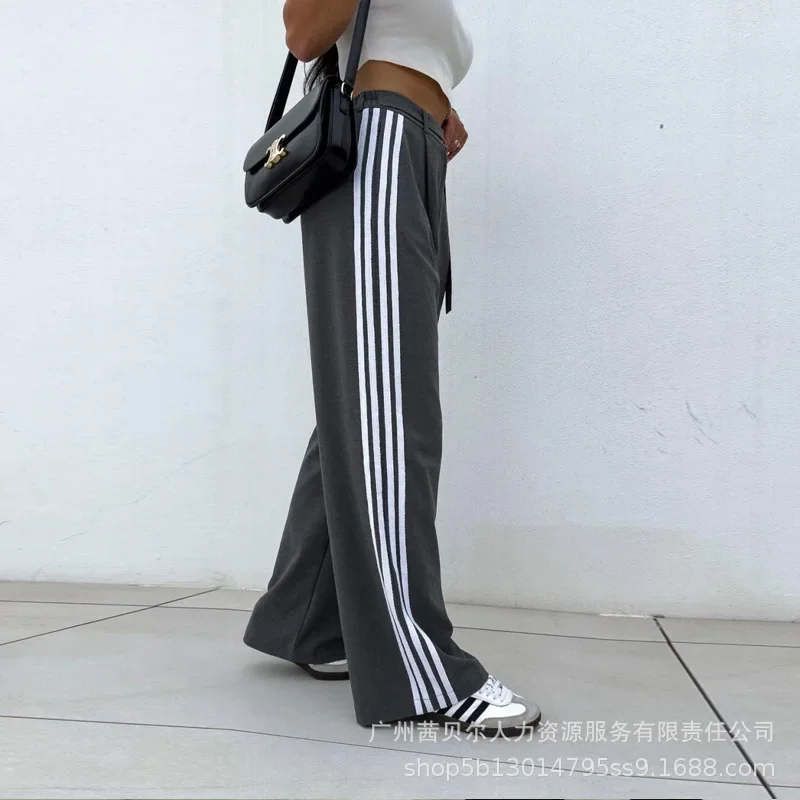 Women Striped Long Pant High Waist Drawstring Splice Straight Pants Casual Pockets Trousers Elegant Office Lady Sporty