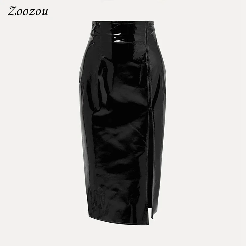 Mini jupe crayon taille haute en similicuir latex pour femme, fermeture éclair, batterie mince, PU brillant, PVC, personnalisé, sexy, grande taille, 3XL, 4XL