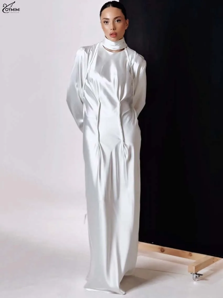 

Oymimi Casual White O-Neck Womens Dresses Fashion Long Sleeve Solid Lace-Up Dress Elegant New Straight Floor-Length Dress Female