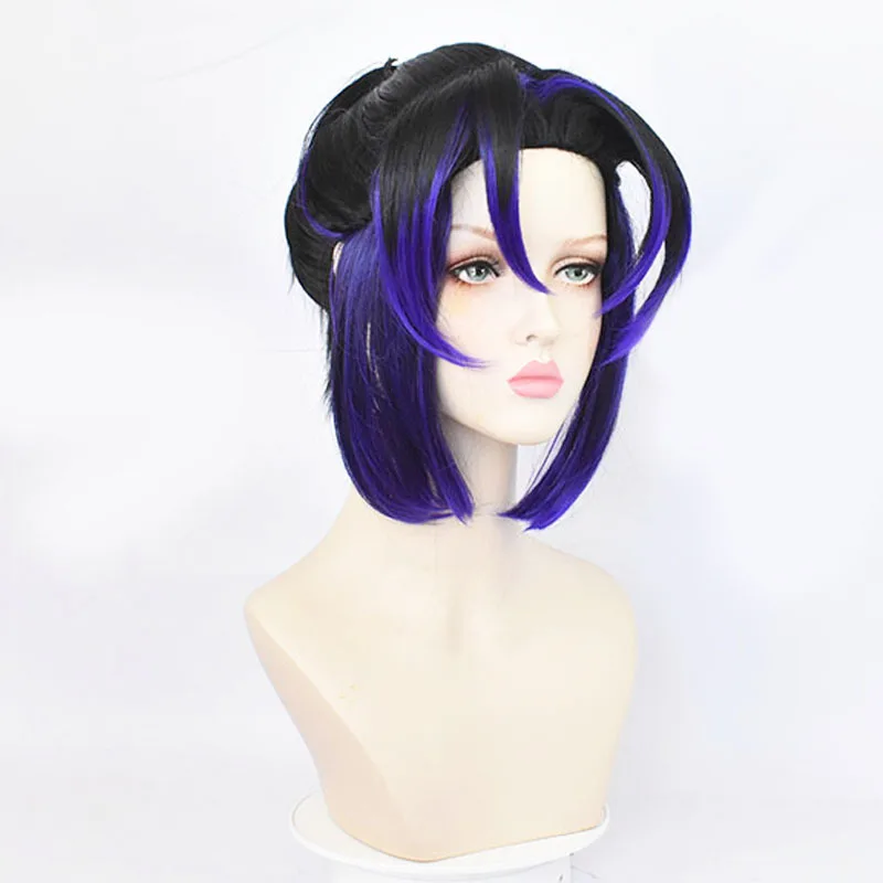 Shangzi Game Anime Demon Slayer Cosplay Wig Pre Styled Purple Bangs Black Ponytail Heat Resistant Synthetic Cosplay Wig