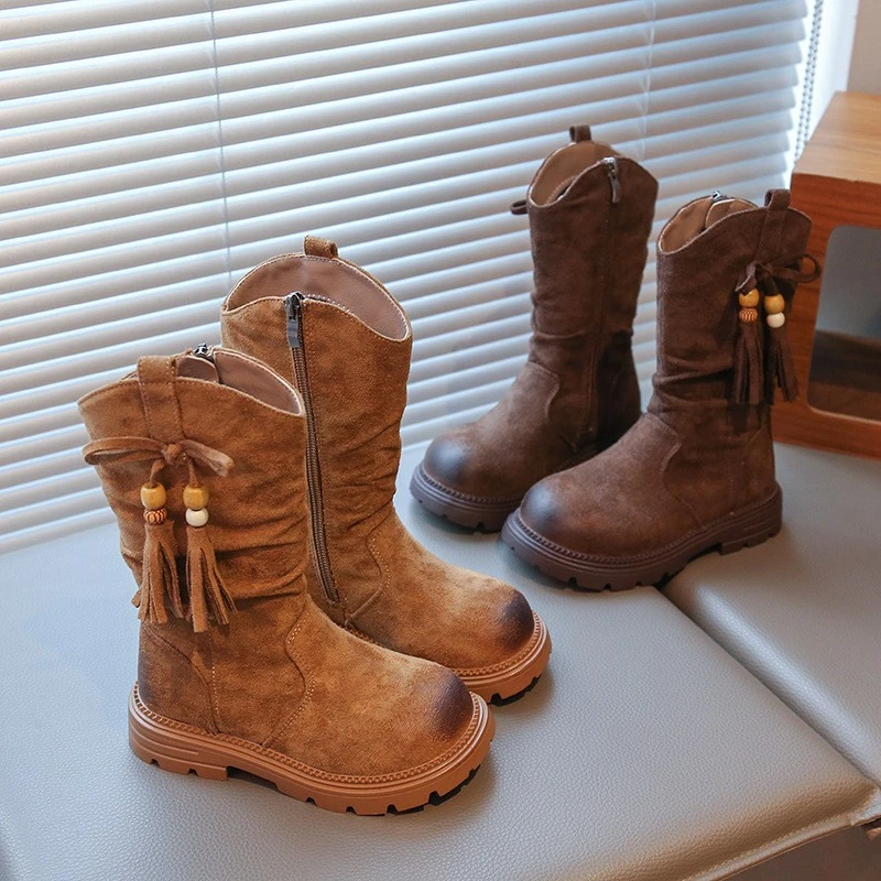 

Girls Mid-calf Leather Boots Retro Style Children Fashion Boots Side Zipper Tassel Kids Chelsea Boots 2025 Autumn Winter New