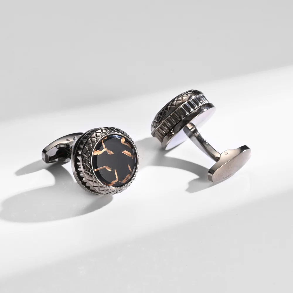 Black Round Cufflinks Inlaid Foil Chips Geometric Embossed Edge Men Shirt Cuff Buttons Business Wedding Formal Suit Accessories