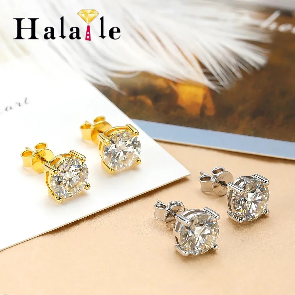 Halaile D Color 2CT Moissanite 4 Claw Stud Earrings S925 Sterling Silver Classic Fine Jewelry for Women's Sparkling Dainty Gift