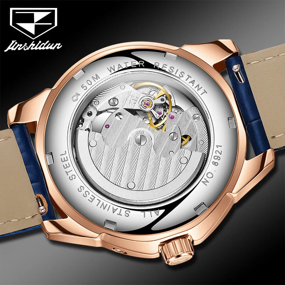 JSDUN Fully Automatic Mechanical Watch for Men 40 Hour Kinetic Energy Storage Leather Strap Calendar Original Male Wristwatch
