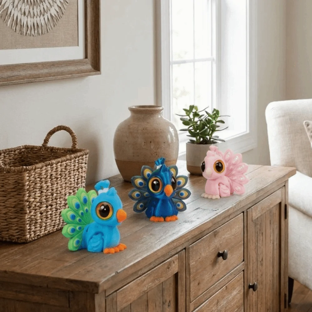 Cartoon Style 3D Printed Peacock Figurine Lightweight Multi‑Color Articulated Peacock Ornament Decorative Plastic
