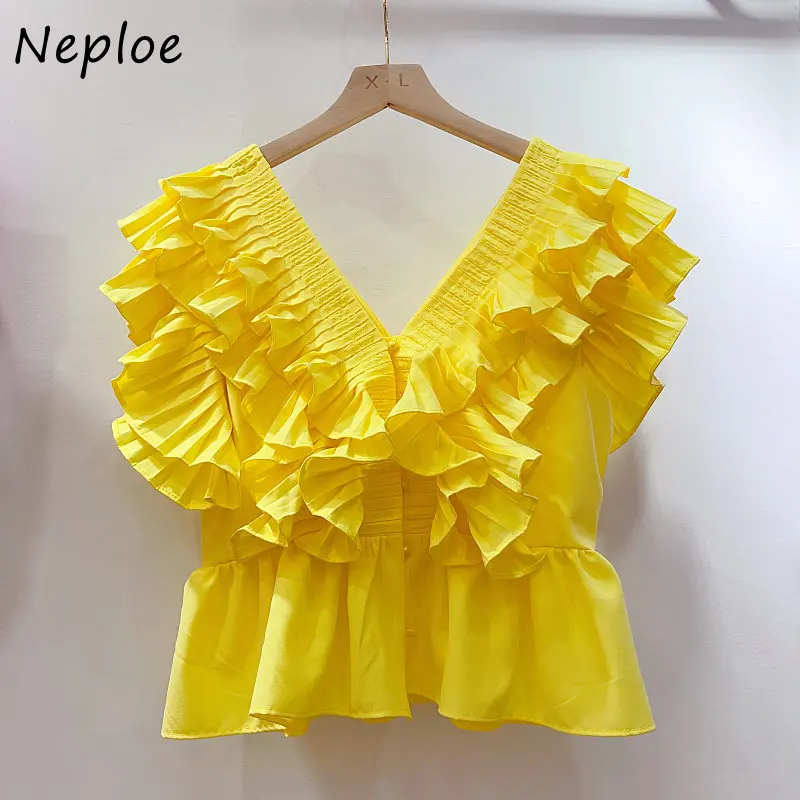 Neploe Ruffled V-Neck French Shirt 2024 Summer Sweet Sexy Solid Color Blusa Vintage Pressed Pleated Waist Slim Sleeveless Blouse