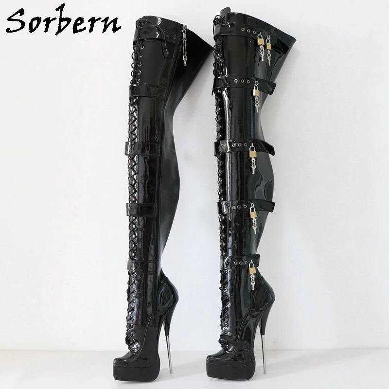 Sorbern Sexy Ballet Boots Women Lockable Zipper Crotch High Metal Heel Platform Long Boot Lace Up Fetish Drag Queen Shoe Custom