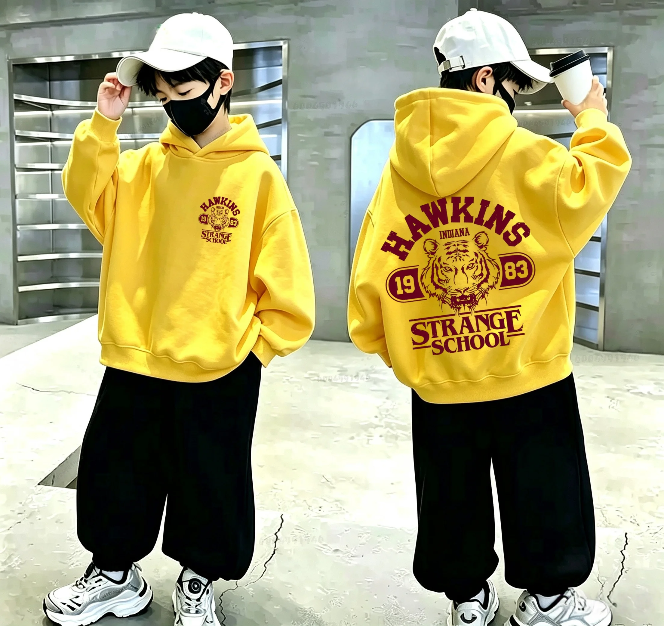 Children's casual hooded sweatshirt-Best-selling retro tiger lettering double-sided printed boys' and girls' pullover sweatshirt