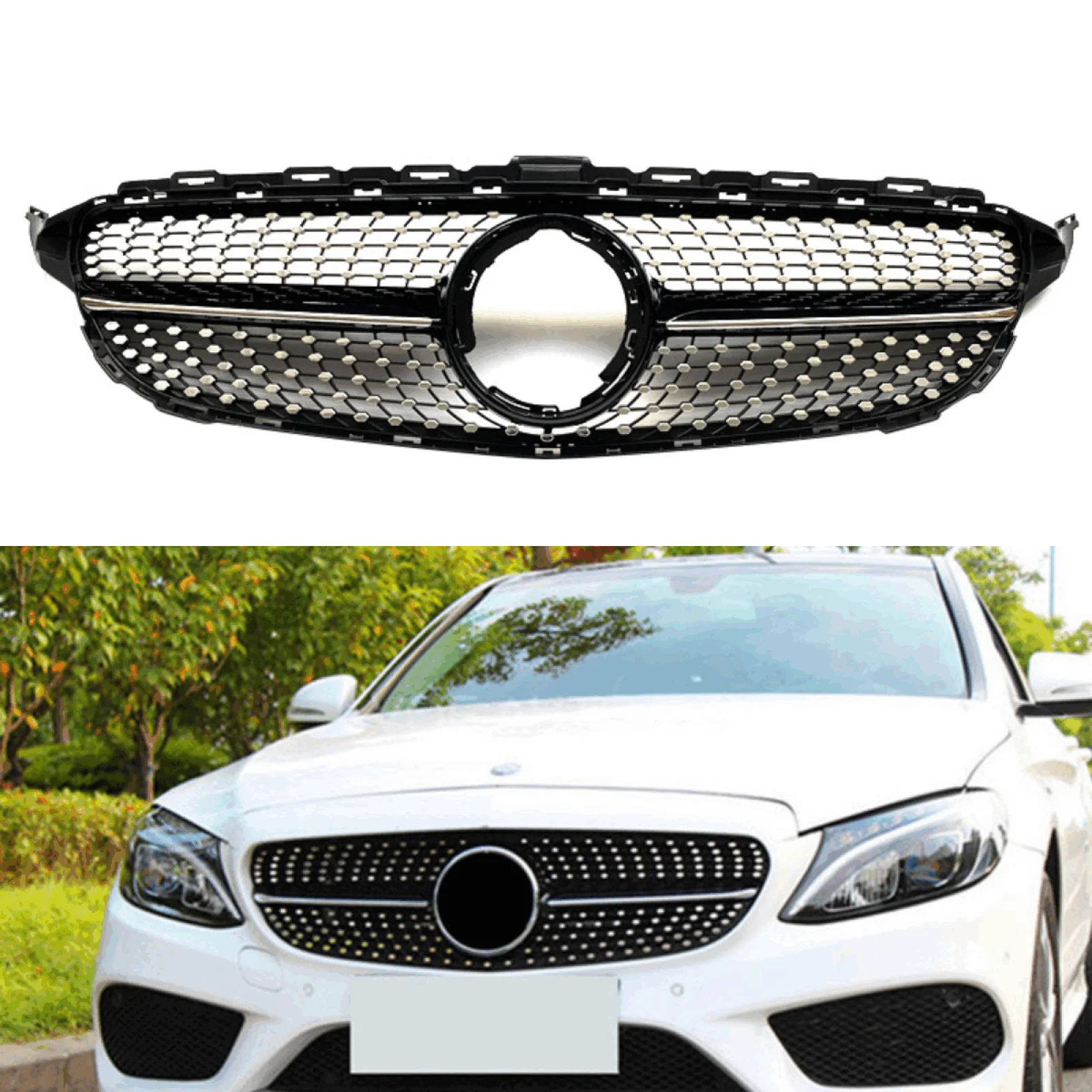 Diamond Front Radiator Grille Grill for Mercedes Benz W205 C200 C300 C250 2019+ Without Emblem