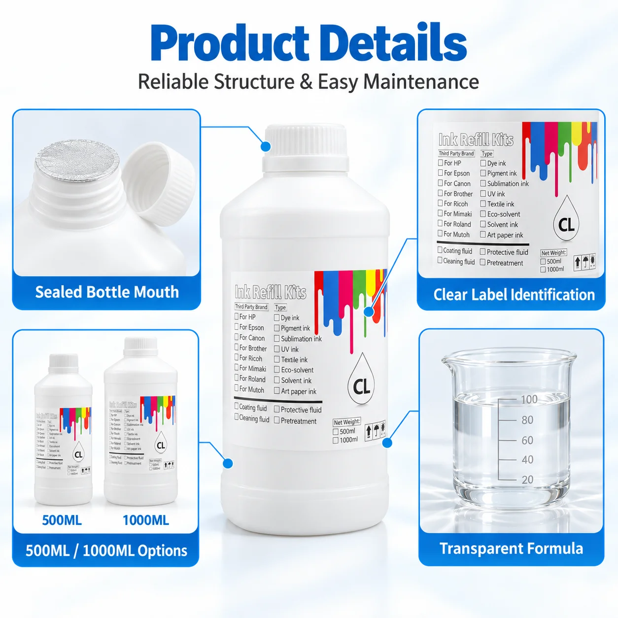 1000ML 500ML Płyn do czyszczenia głowic drukujących Eco Solvent do drukarek Epson, Roland, Mimaki, płyn do czyszczenia tubek — zdjęcie produktu 5