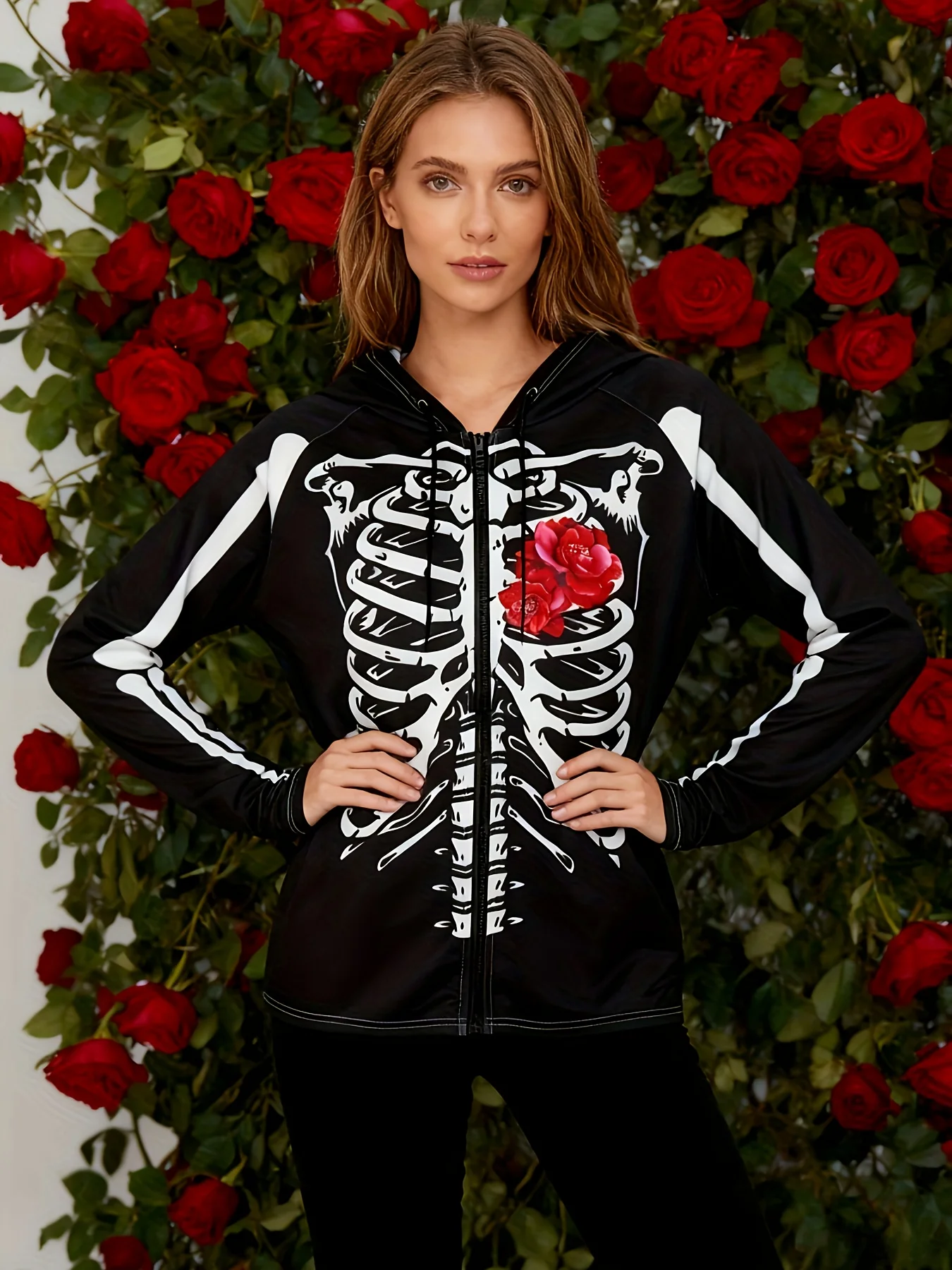 

Весенне-осенняя повседневная женская куртка в стиле кэжуал с принтом «Скелет с красной розой»