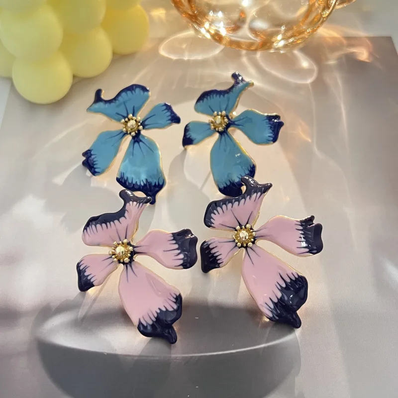 Fashion Painting Flower Earrings For Women Creative New Pink Blue Designers Pendientes Jewelry Wholesale